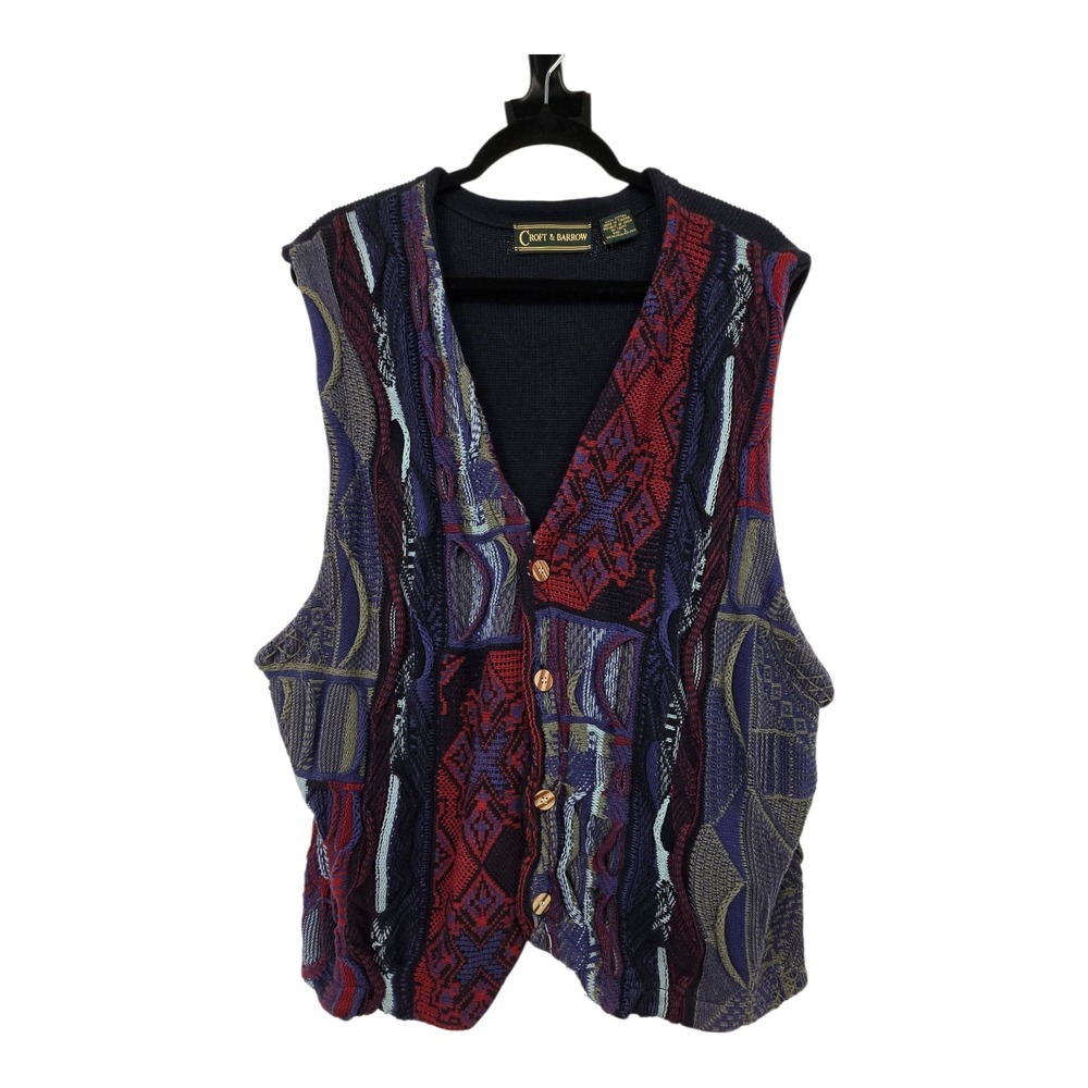 Vintage 90s Y2K Croft Barrow 3D Sweater Vest Mens Multicolor Buttons Dad Grandpa